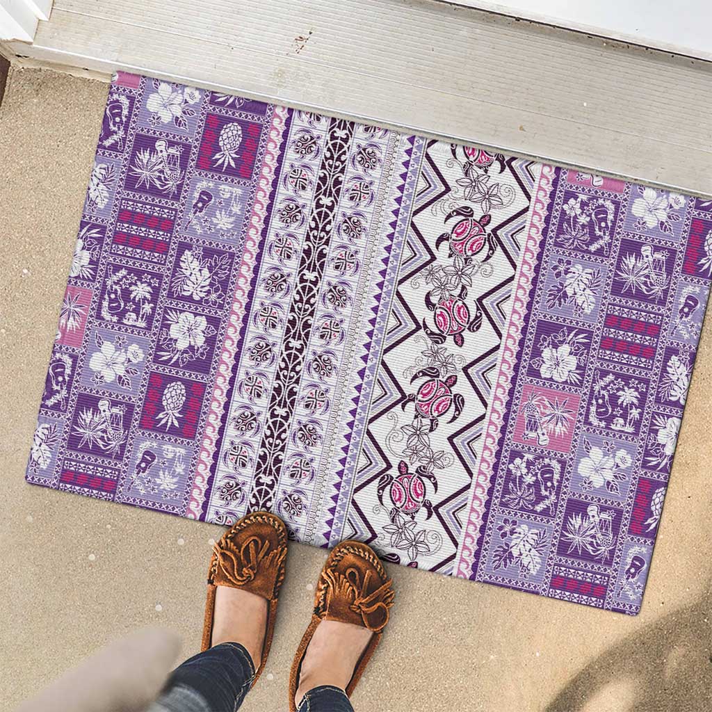 Hawaii Makahiki Turtle Rubber Doormat Violet Tapa Pattern - Polynesian Pride