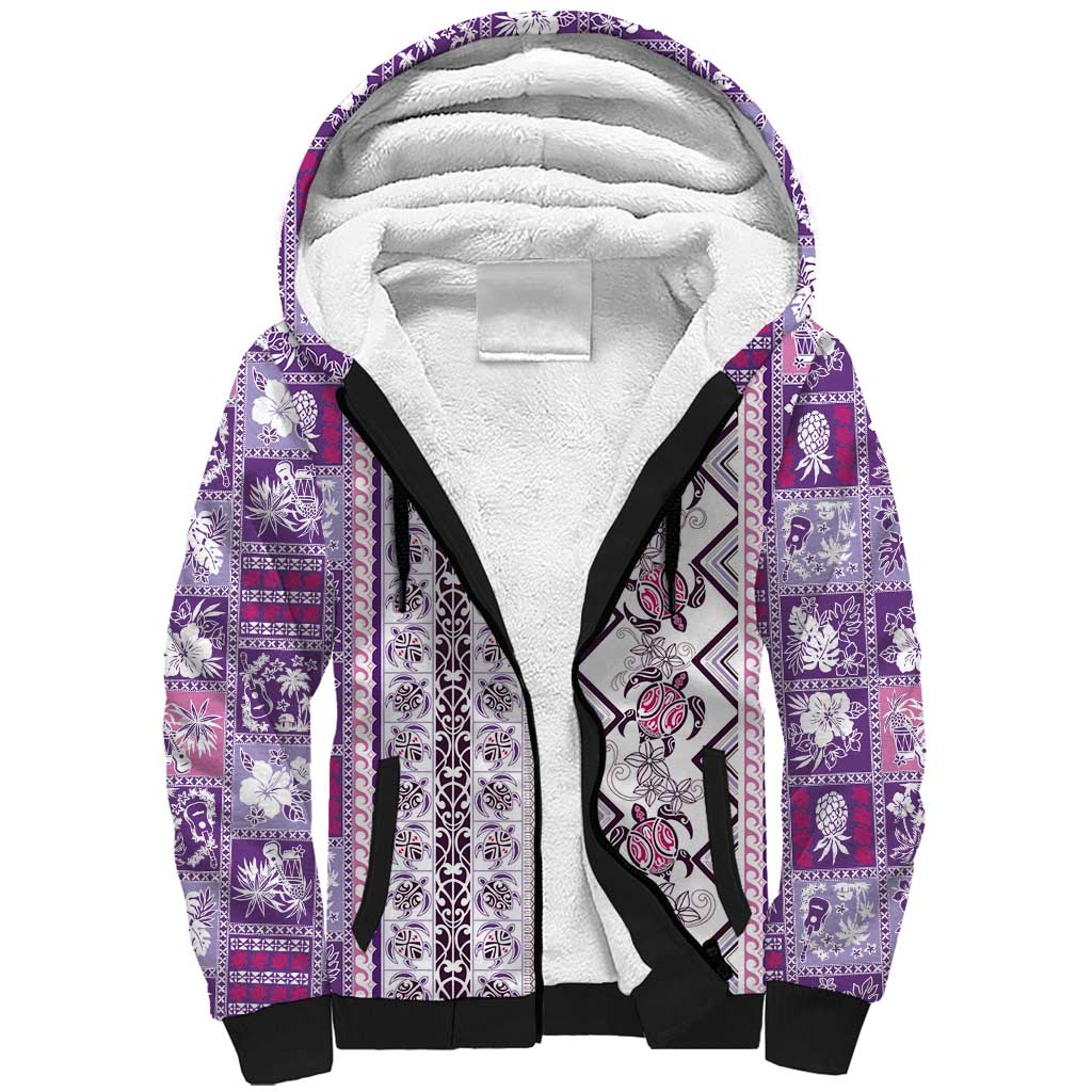 Hawaii Makahiki Turtle Sherpa Hoodie Violet Tapa Pattern - Polynesian Pride