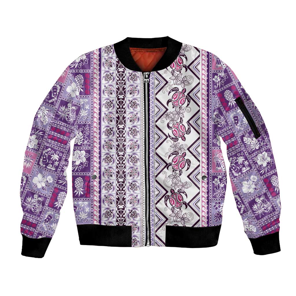 Hawaii Makahiki Turtle Sleeve Zip Bomber Jacket Violet Tapa Pattern LT05 Unisex Violet - Polynesian Pride