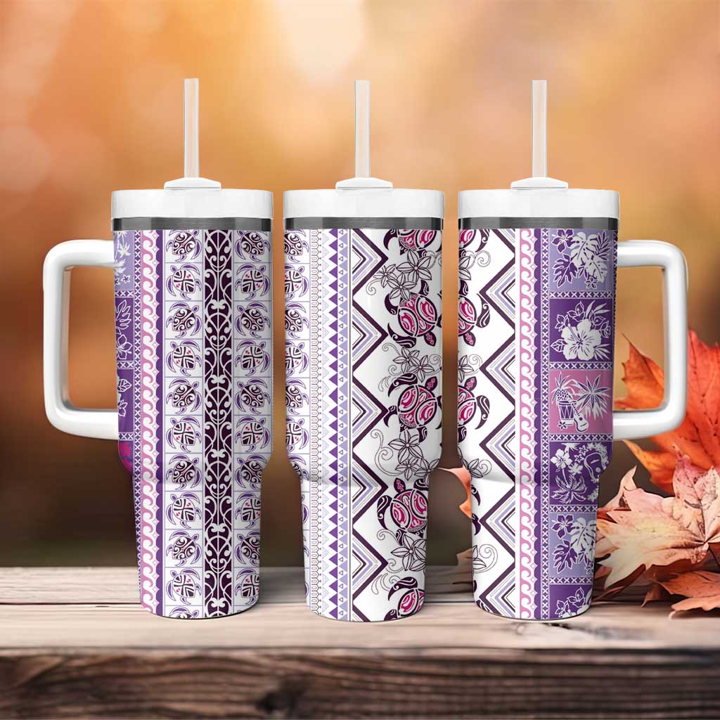 Hawaii Makahiki Turtle Tumbler With Handle Violet Tapa Pattern - Polynesian Pride