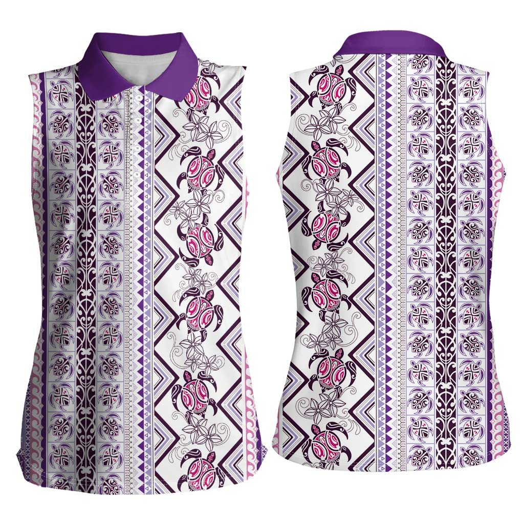 Hawaii Makahiki Turtle Women Sleeveless Polo Shirt Violet Tapa Pattern - Polynesian Pride