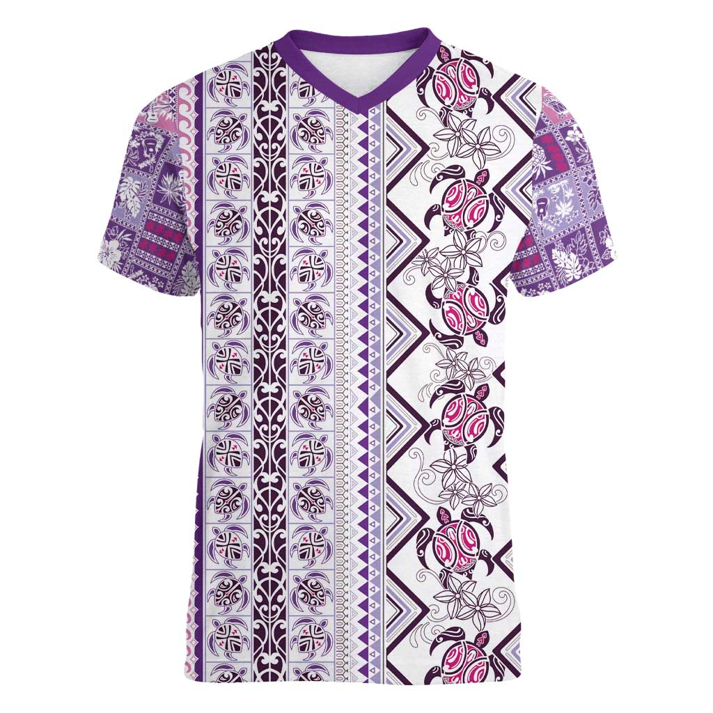 Hawaii Makahiki Turtle Women V-Neck T-Shirt Violet Tapa Pattern - Polynesian Pride
