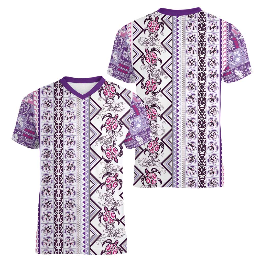 Hawaii Makahiki Turtle Women V-Neck T-Shirt Violet Tapa Pattern - Polynesian Pride