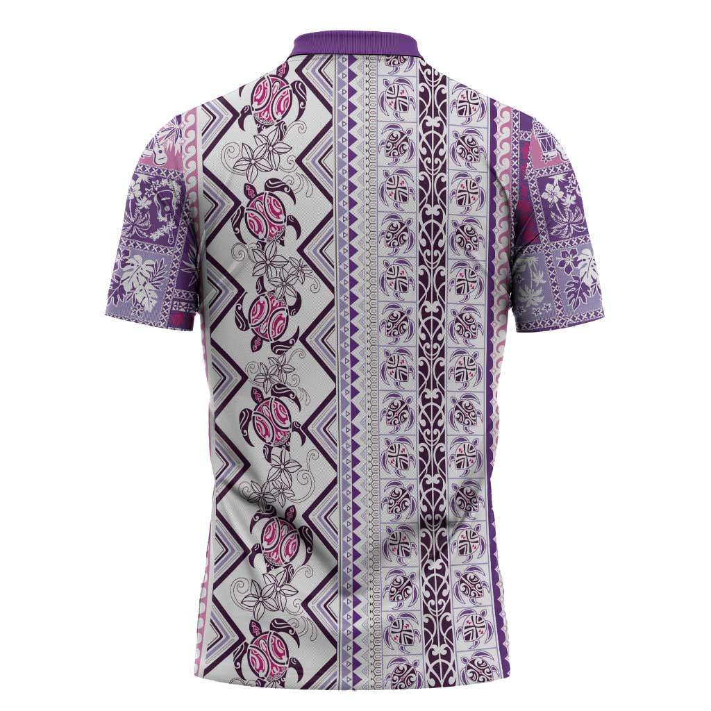 Hawaii Makahiki Turtle Zipper Polo Shirt Violet Tapa Pattern - Polynesian Pride