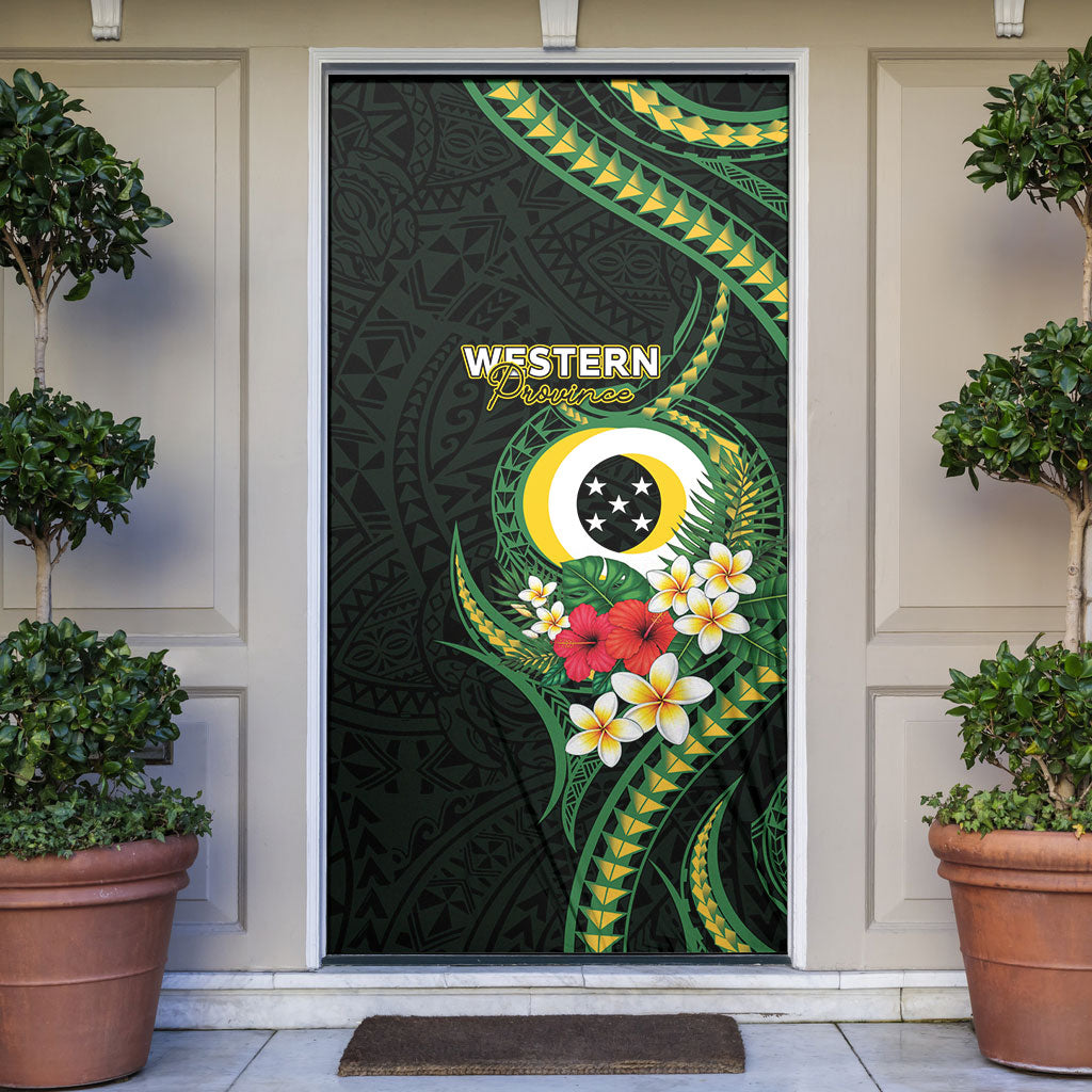 Solomon Islands Western Province Door Cover Polynesian Pattern With Tropical Flowers LT05 Green - Polynesian Pride