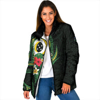 Solomon Islands Western Province Padded Jacket Polynesian Pattern With Tropical Flowers LT05 Women Green - Polynesian Pride