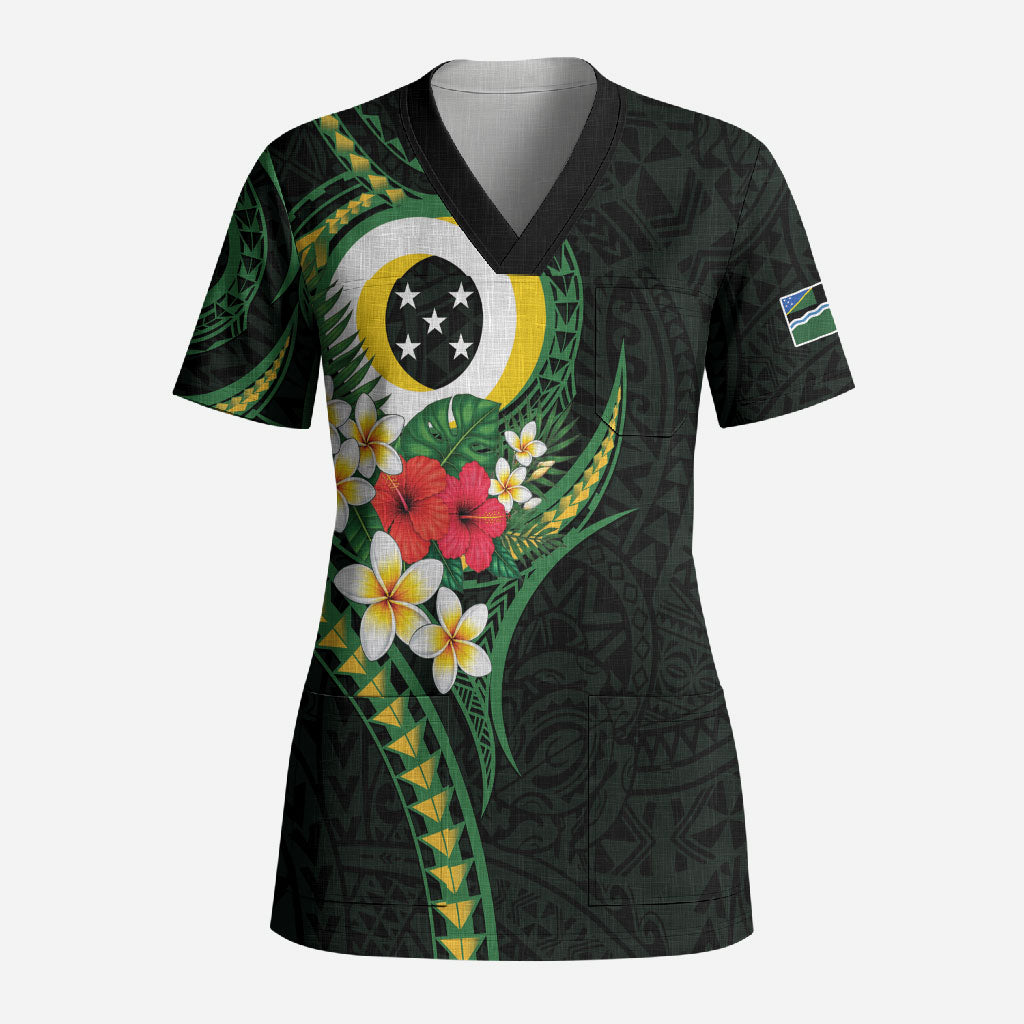 Solomon Islands Western Province Scrub Top Polynesian Pattern With Tropical Flowers