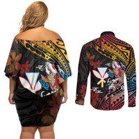 Hawaii And Japan Couples Matching Off Shoulder Short Dress and Long Sleeve Button Shirt Koi Fish With Kanaka Maoli