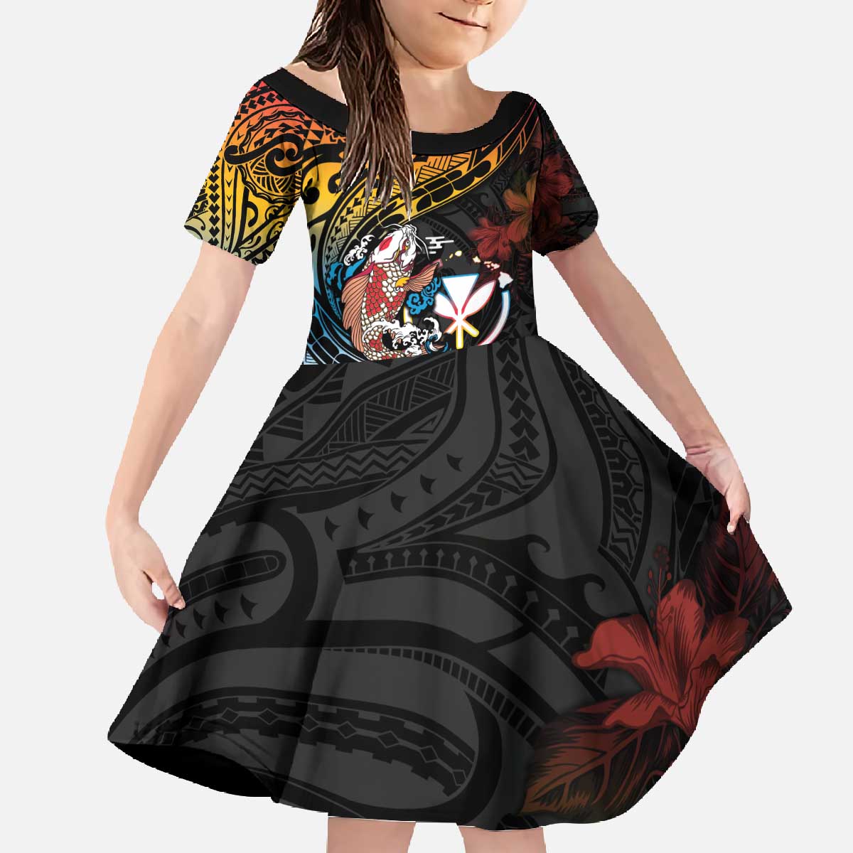 Hawaii And Japan Family Matching Off The Shoulder Long Sleeve Dress and Hawaiian Shirt Koi Fish With Kanaka Maoli