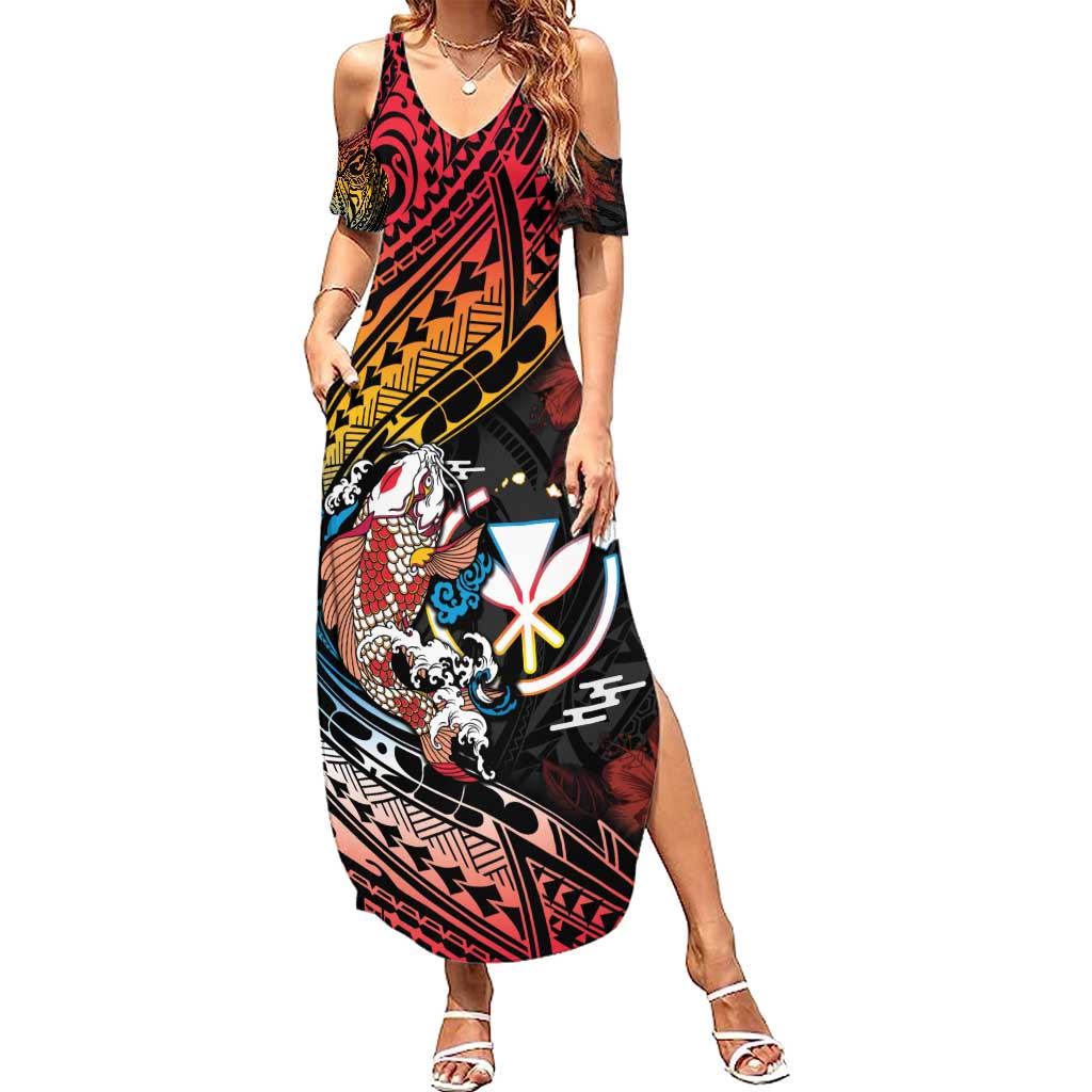 Hawaii And Japan Summer Maxi Dress Koi Fish With Kanaka Maoli