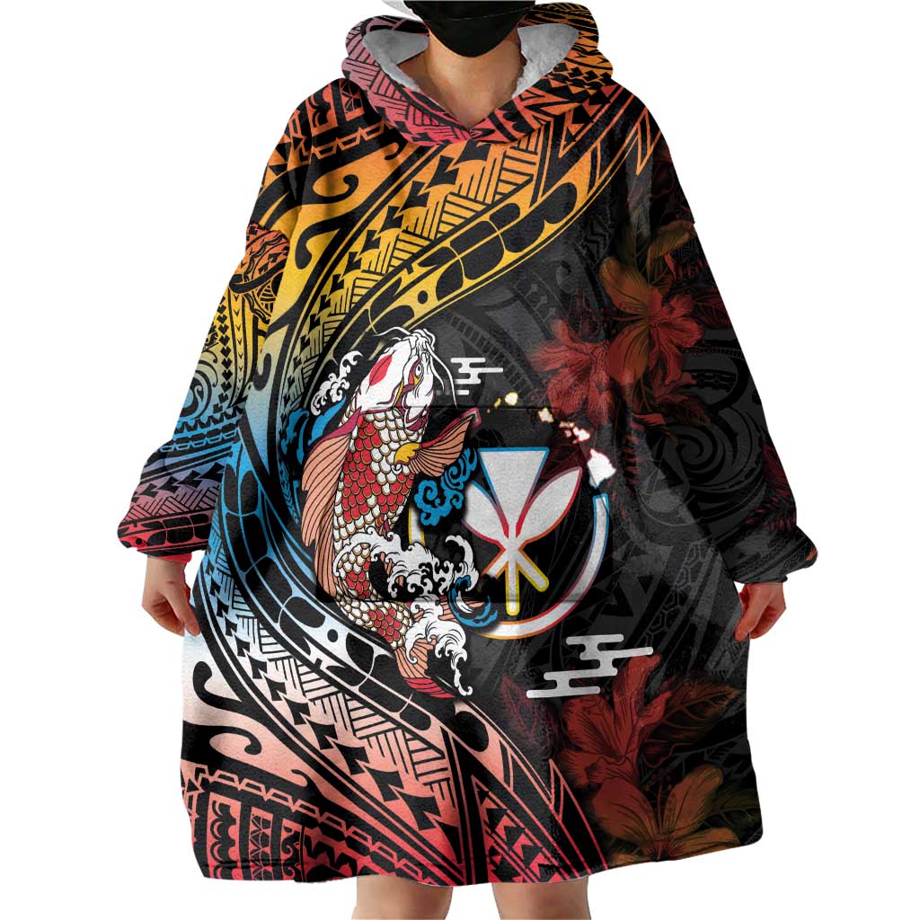 Hawaii And Japan Wearable Blanket Hoodie Koi Fish With Kanaka Maoli