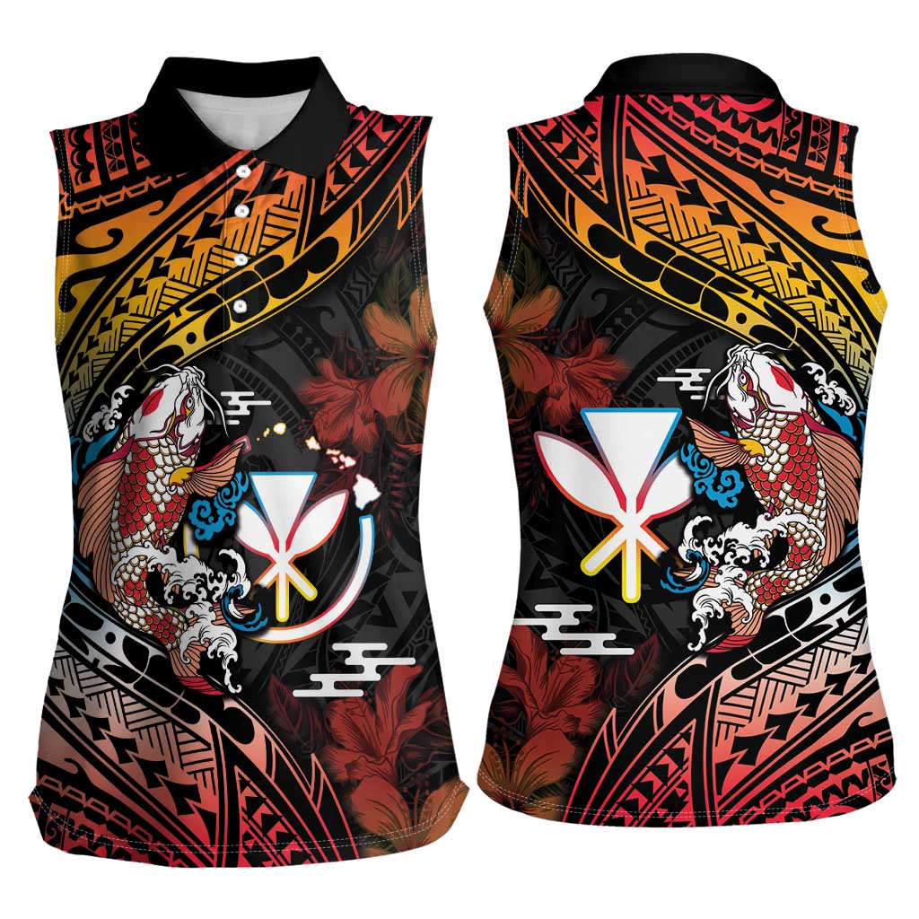 Hawaii And Japan Women Sleeveless Polo Shirt Koi Fish With Kanaka Maoli LT05 - Polynesian Pride