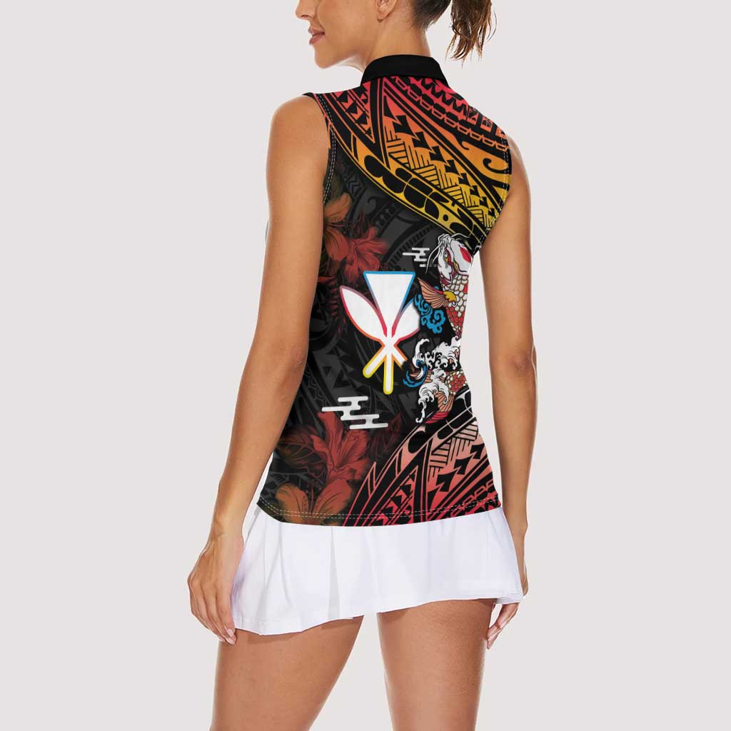 Hawaii And Japan Women Sleeveless Polo Shirt Koi Fish With Kanaka Maoli LT05 - Polynesian Pride
