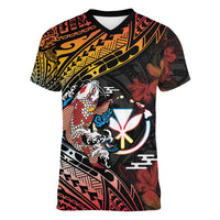 Hawaii And Japan Women V-Neck T-Shirt Koi Fish With Kanaka Maoli LT05 Female Black - Polynesian Pride