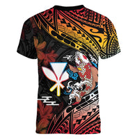 Hawaii And Japan Women V-Neck T-Shirt Koi Fish With Kanaka Maoli LT05 - Polynesian Pride