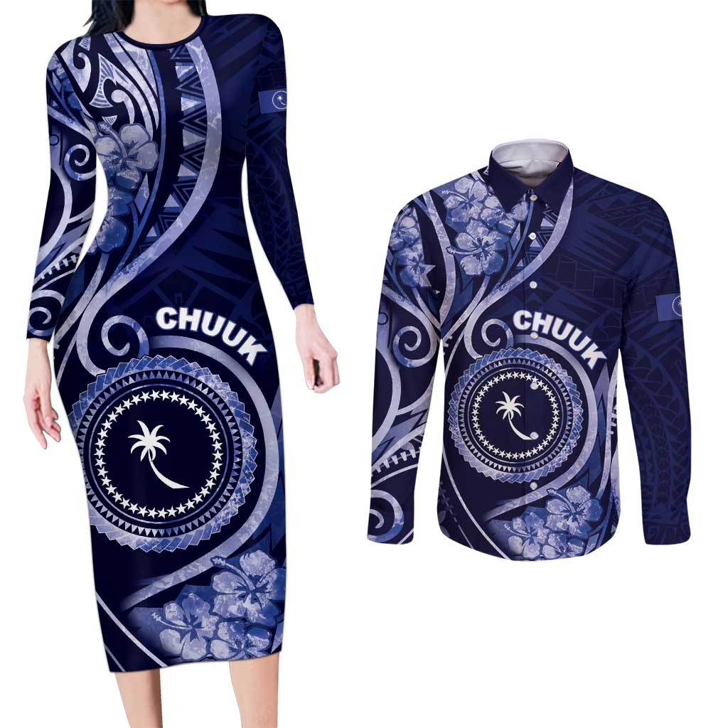 Personalised FSM Chuuk Couples Matching Long Sleeve Bodycon Dress and Long Sleeve Button Shirt Ocean Floral Pattern