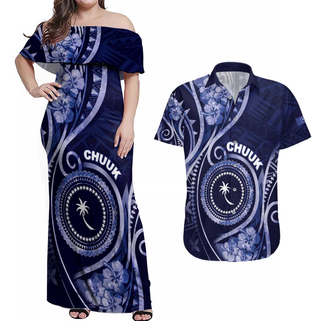 Personalised FSM Chuuk Couples Matching Off Shoulder Maxi Dress and Hawaiian Shirt Ocean Floral Pattern LT05 Navy - Polynesian Pride
