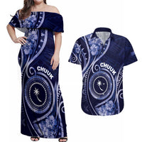 Personalised FSM Chuuk Couples Matching Off Shoulder Maxi Dress and Hawaiian Shirt Ocean Floral Pattern LT05 Navy - Polynesian Pride