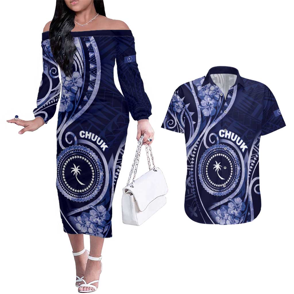 Personalised FSM Chuuk Couples Matching Off The Shoulder Long Sleeve Dress and Hawaiian Shirt Ocean Floral Pattern