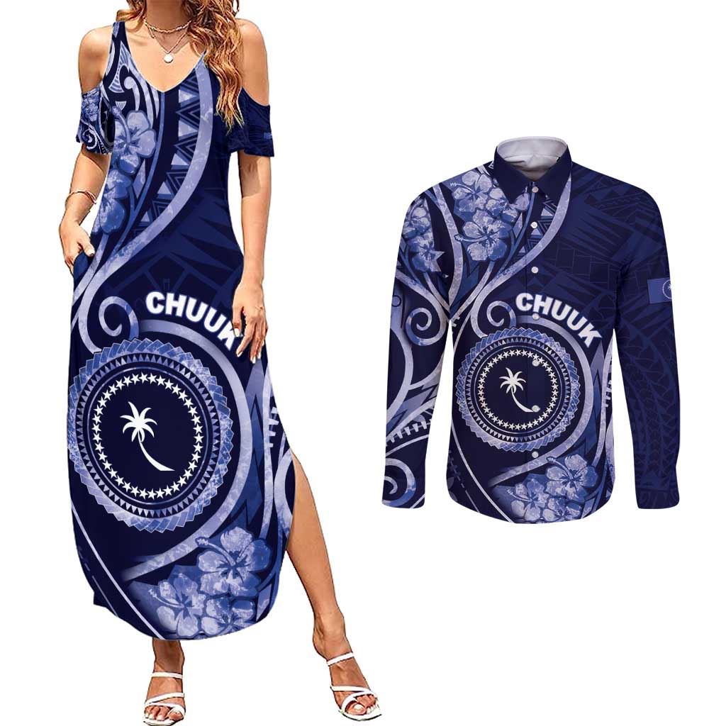 Personalised FSM Chuuk Couples Matching Summer Maxi Dress and Long Sleeve Button Shirt Ocean Floral Pattern