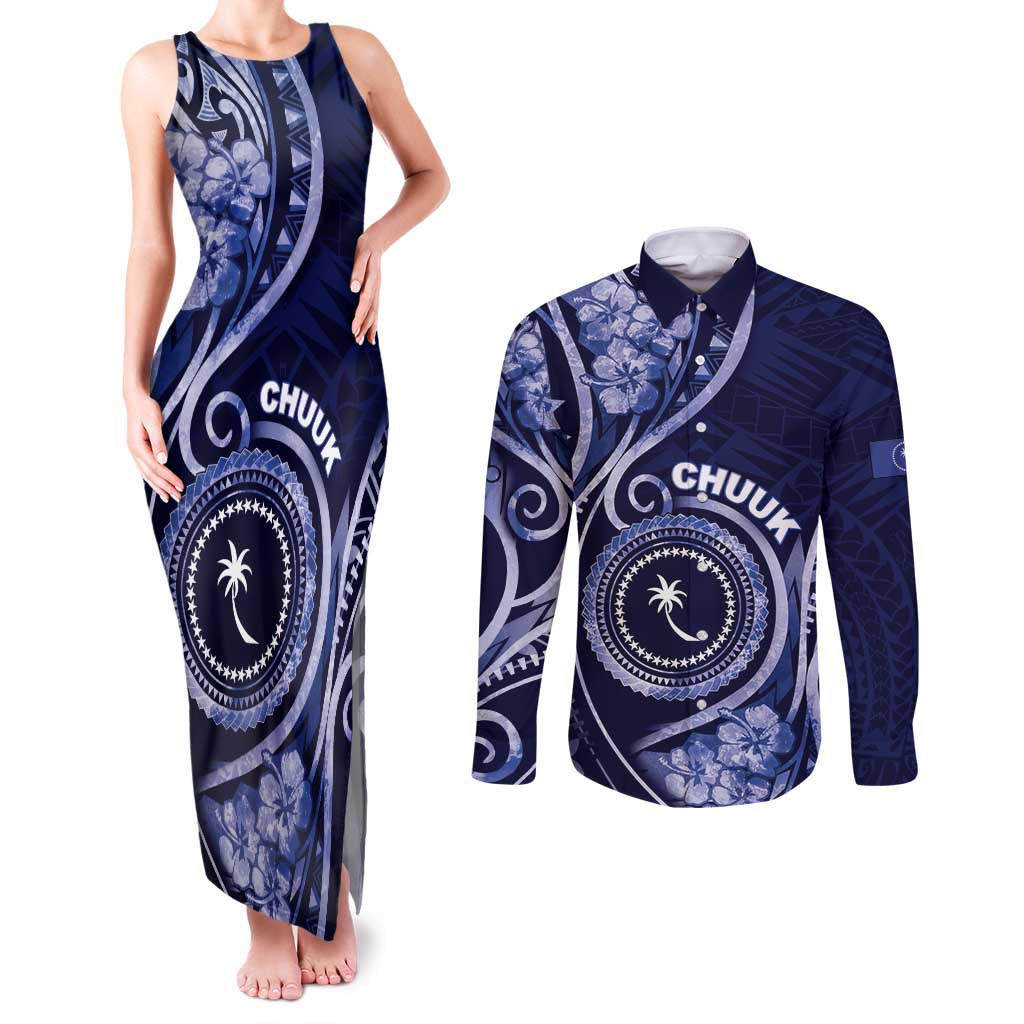 Personalised FSM Chuuk Couples Matching Tank Maxi Dress and Long Sleeve Button Shirt Ocean Floral Pattern