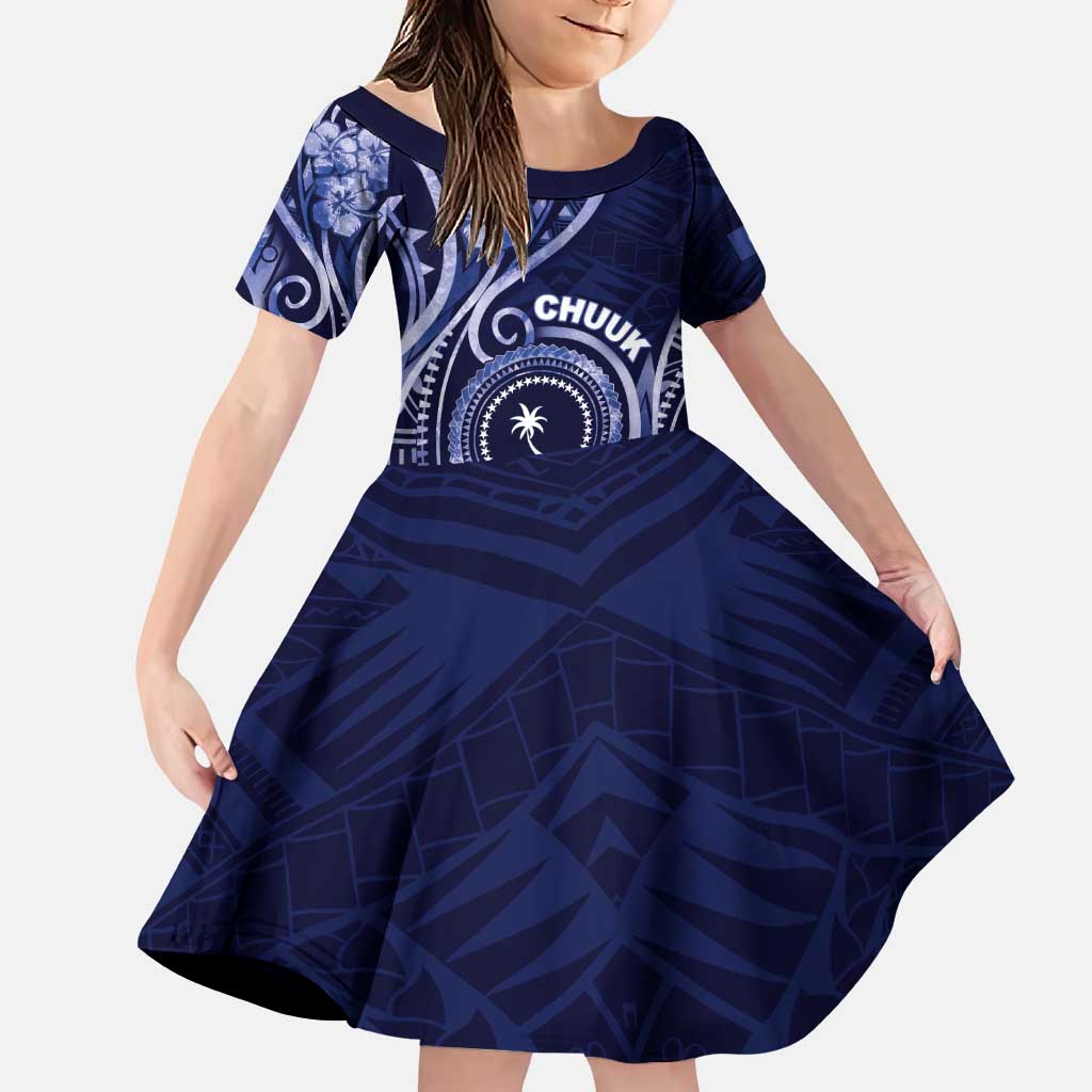 Personalised FSM Chuuk Family Matching Puletasi and Hawaiian Shirt Ocean Floral Pattern LT05 Daughter's Dress Navy - Polynesian Pride