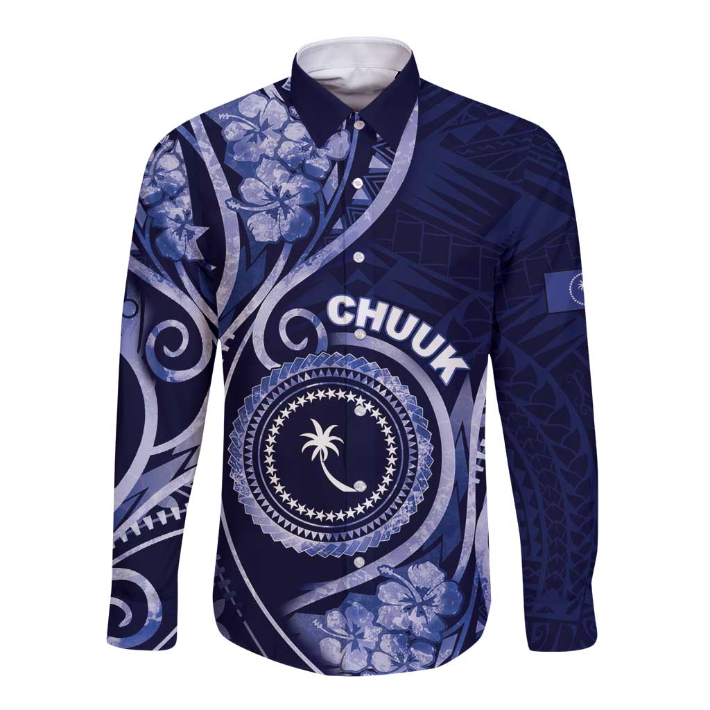 Personalised FSM Chuuk Long Sleeve Button Shirt Ocean Floral Pattern LT05 Unisex Navy - Polynesian Pride