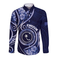 Personalised FSM Chuuk Long Sleeve Button Shirt Ocean Floral Pattern LT05 Unisex Navy - Polynesian Pride