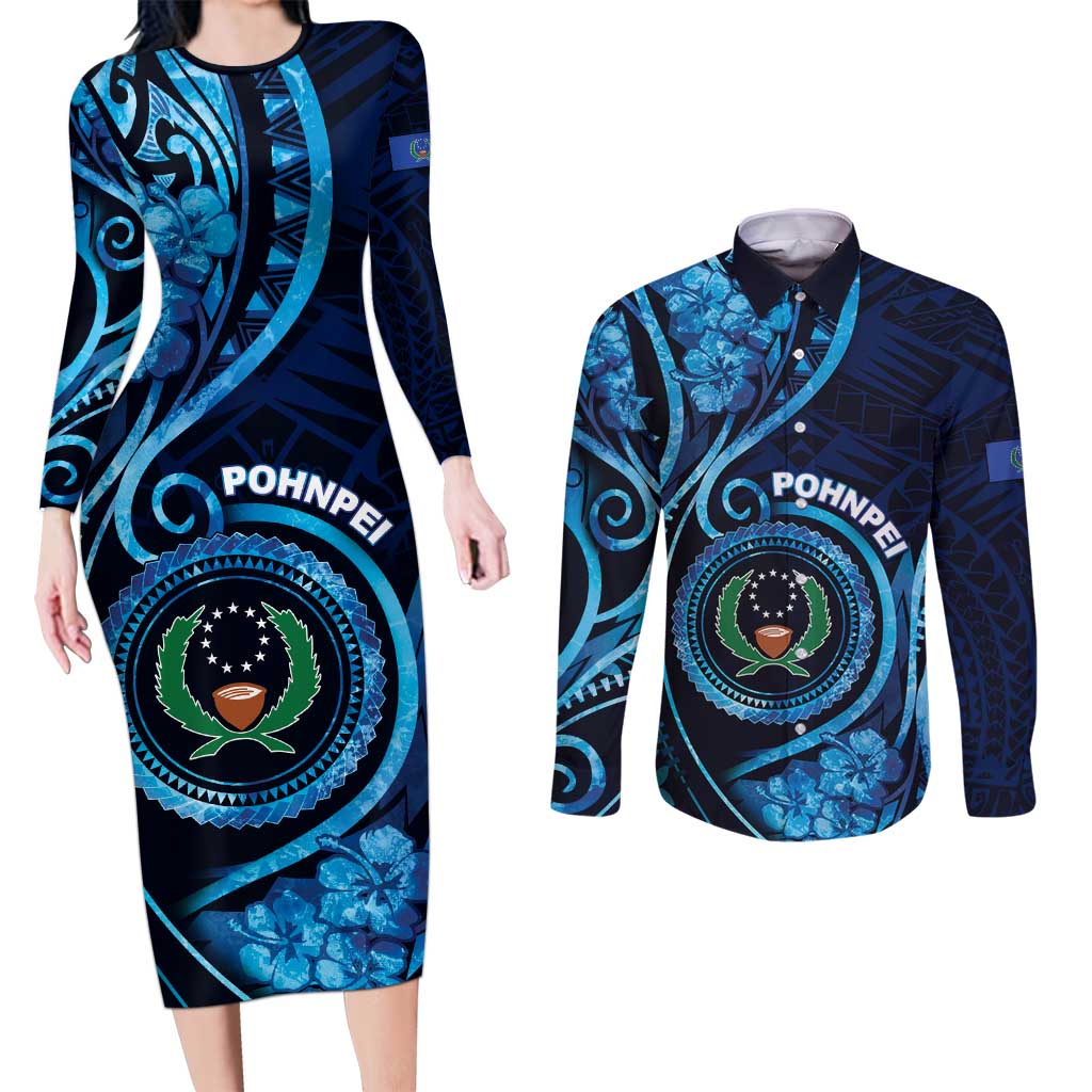 Personalised FSM Pohnpei Couples Matching Long Sleeve Bodycon Dress and Long Sleeve Button Shirt Ocean Floral Pattern