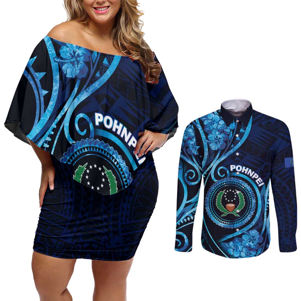 Personalised FSM Pohnpei Couples Matching Off Shoulder Short Dress and Long Sleeve Button Shirt Ocean Floral Pattern