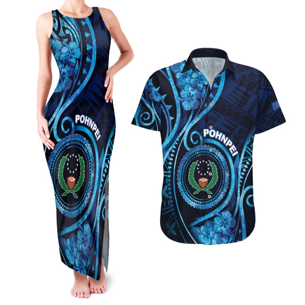 Personalised FSM Pohnpei Couples Matching Tank Maxi Dress and Hawaiian Shirt Ocean Floral Pattern