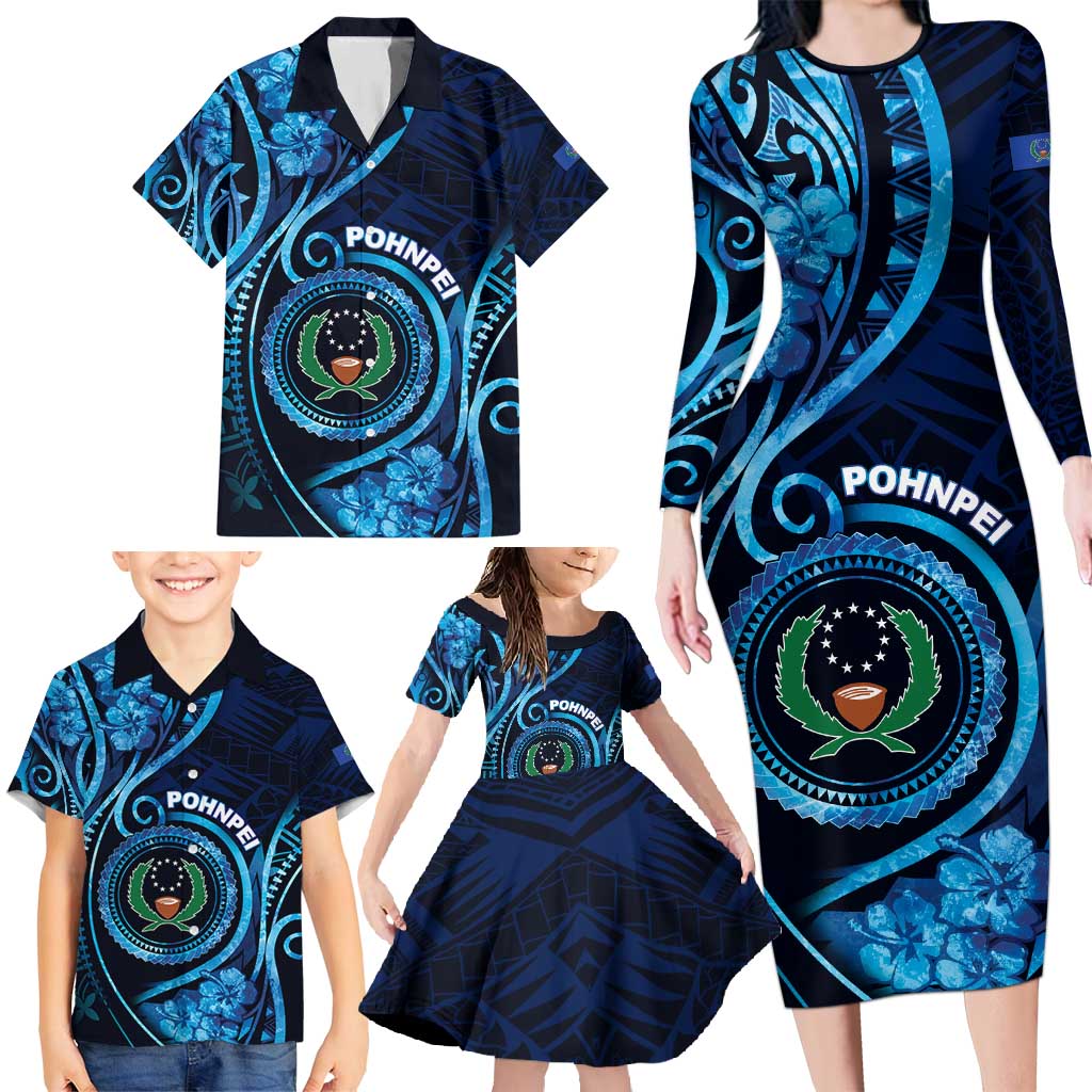 Personalised FSM Pohnpei Family Matching Long Sleeve Bodycon Dress and Hawaiian Shirt Ocean Floral Pattern