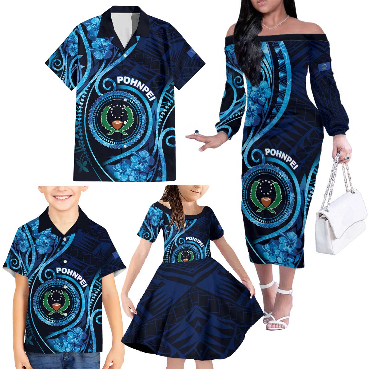 Personalised FSM Pohnpei Family Matching Off The Shoulder Long Sleeve Dress and Hawaiian Shirt Ocean Floral Pattern