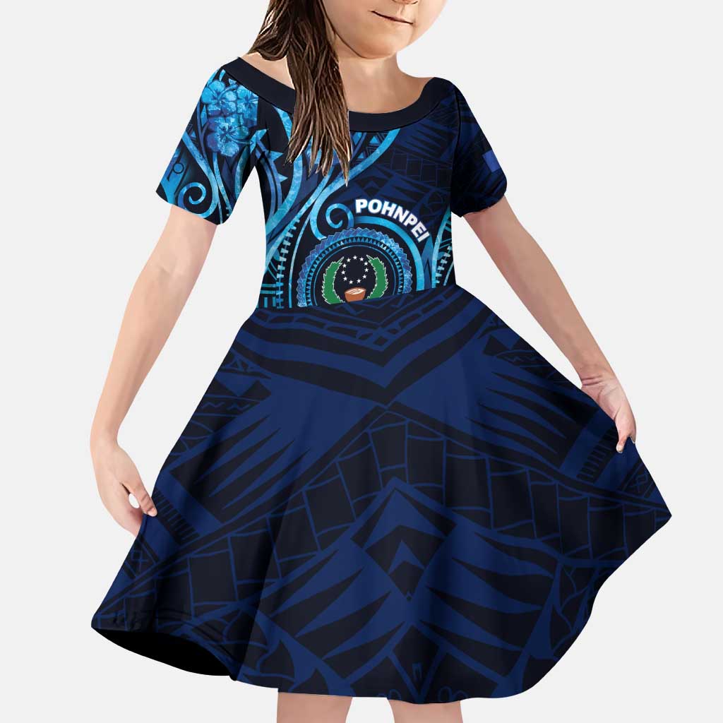 Personalised FSM Pohnpei Family Matching Puletasi and Hawaiian Shirt Ocean Floral Pattern LT05 Daughter's Dress Blue - Polynesian Pride