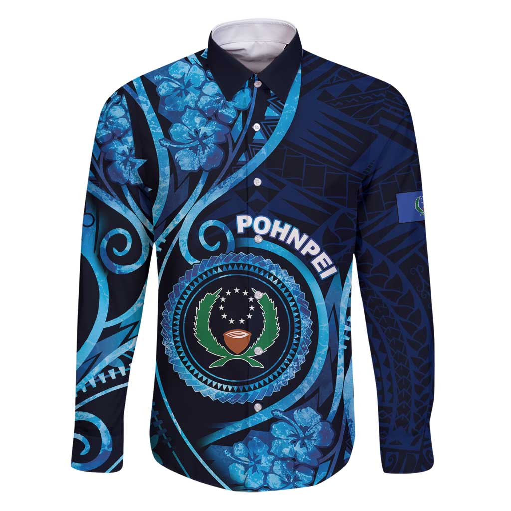Personalised FSM Pohnpei Family Matching Puletasi and Hawaiian Shirt Ocean Floral Pattern LT05 Dad's Shirt - Long Sleeve Blue - Polynesian Pride