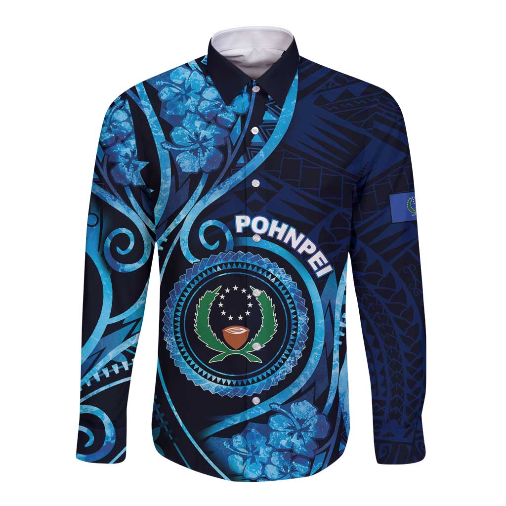 Personalised FSM Pohnpei Long Sleeve Button Shirt Ocean Floral Pattern