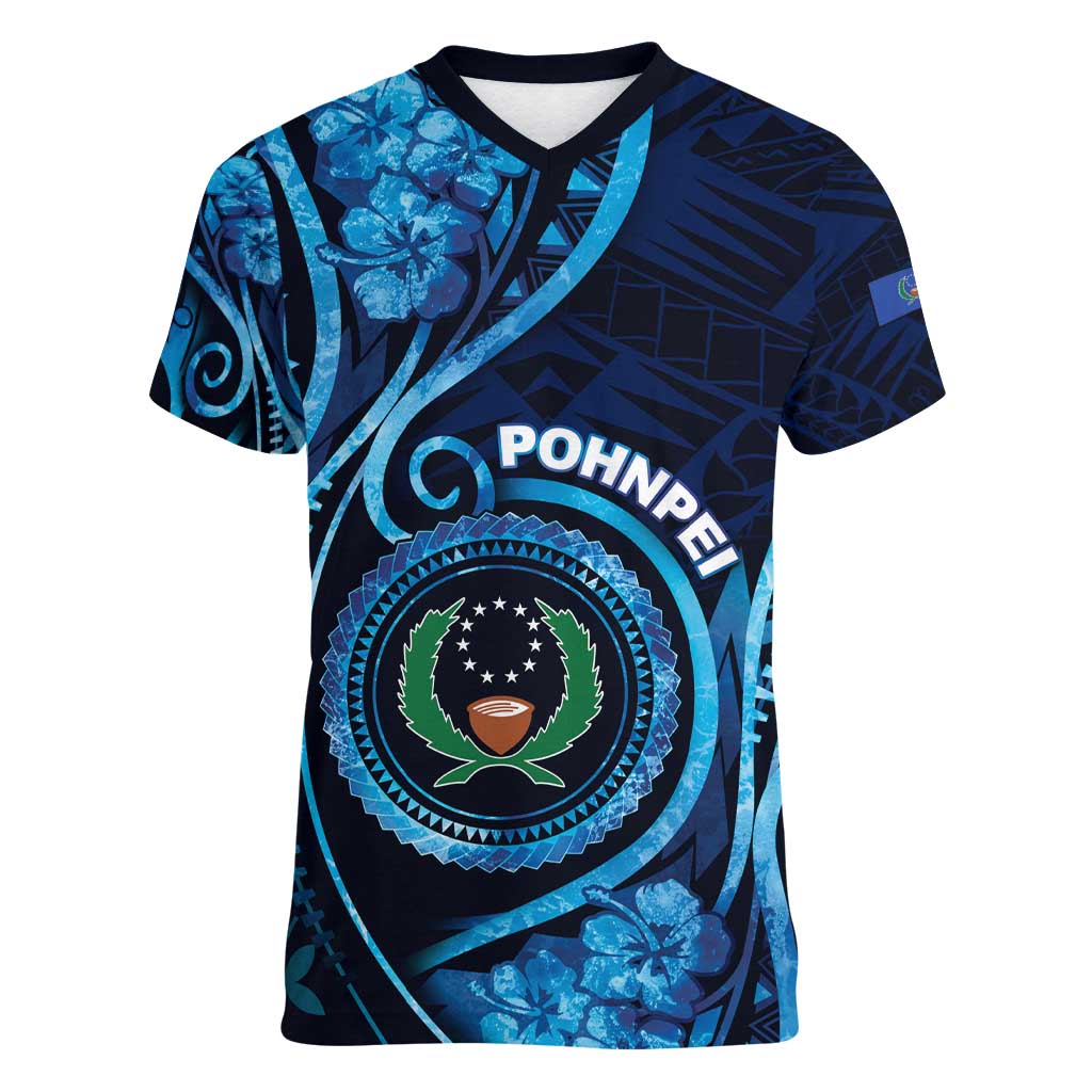 Personalised FSM Pohnpei Women V-Neck T-Shirt Ocean Floral Pattern