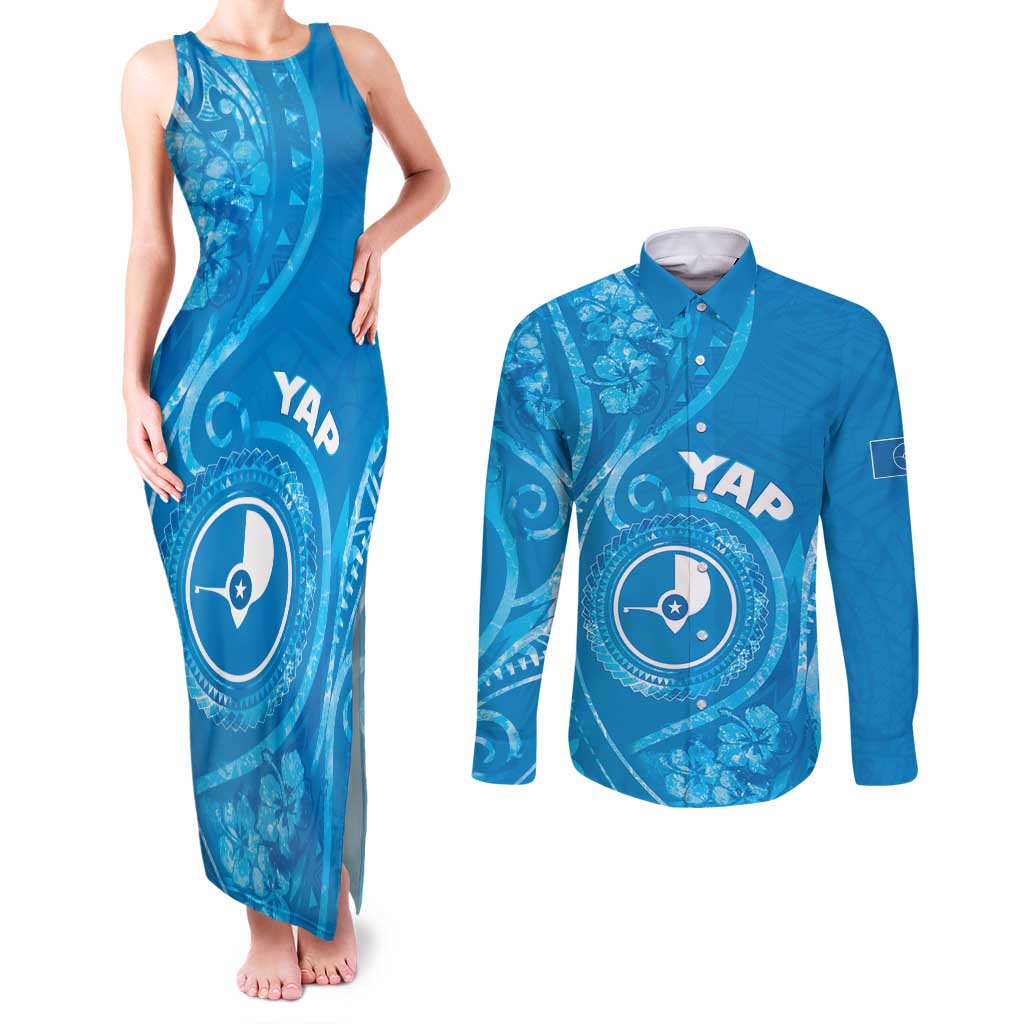 Personalised FSM Yap Couples Matching Tank Maxi Dress and Long Sleeve Button Shirt Ocean Floral Pattern