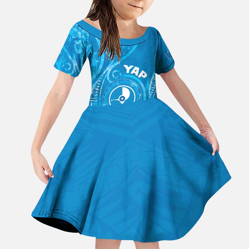 Personalised FSM Yap Family Matching Puletasi and Hawaiian Shirt Ocean Floral Pattern LT05 Daughter's Dress Blue - Polynesian Pride