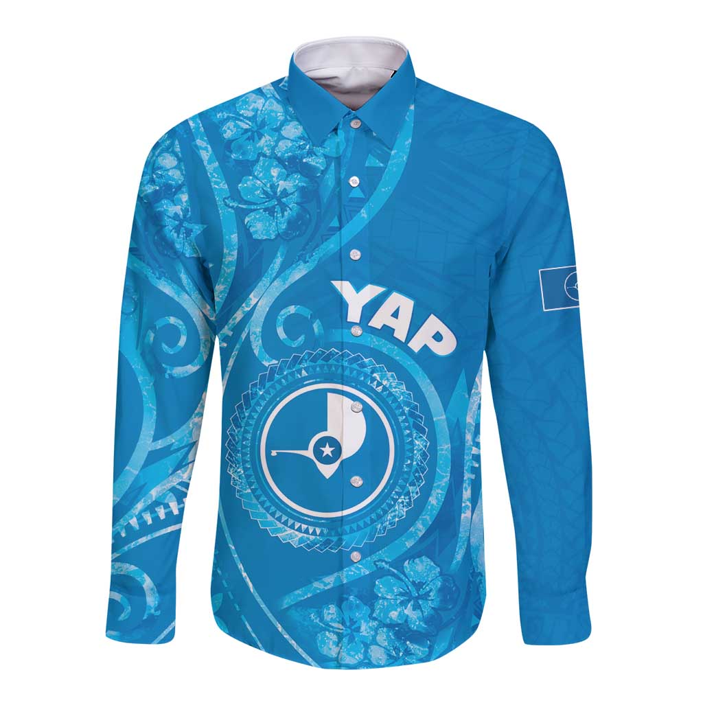 Personalised FSM Yap Long Sleeve Button Shirt Ocean Floral Pattern LT05 Unisex Blue - Polynesian Pride