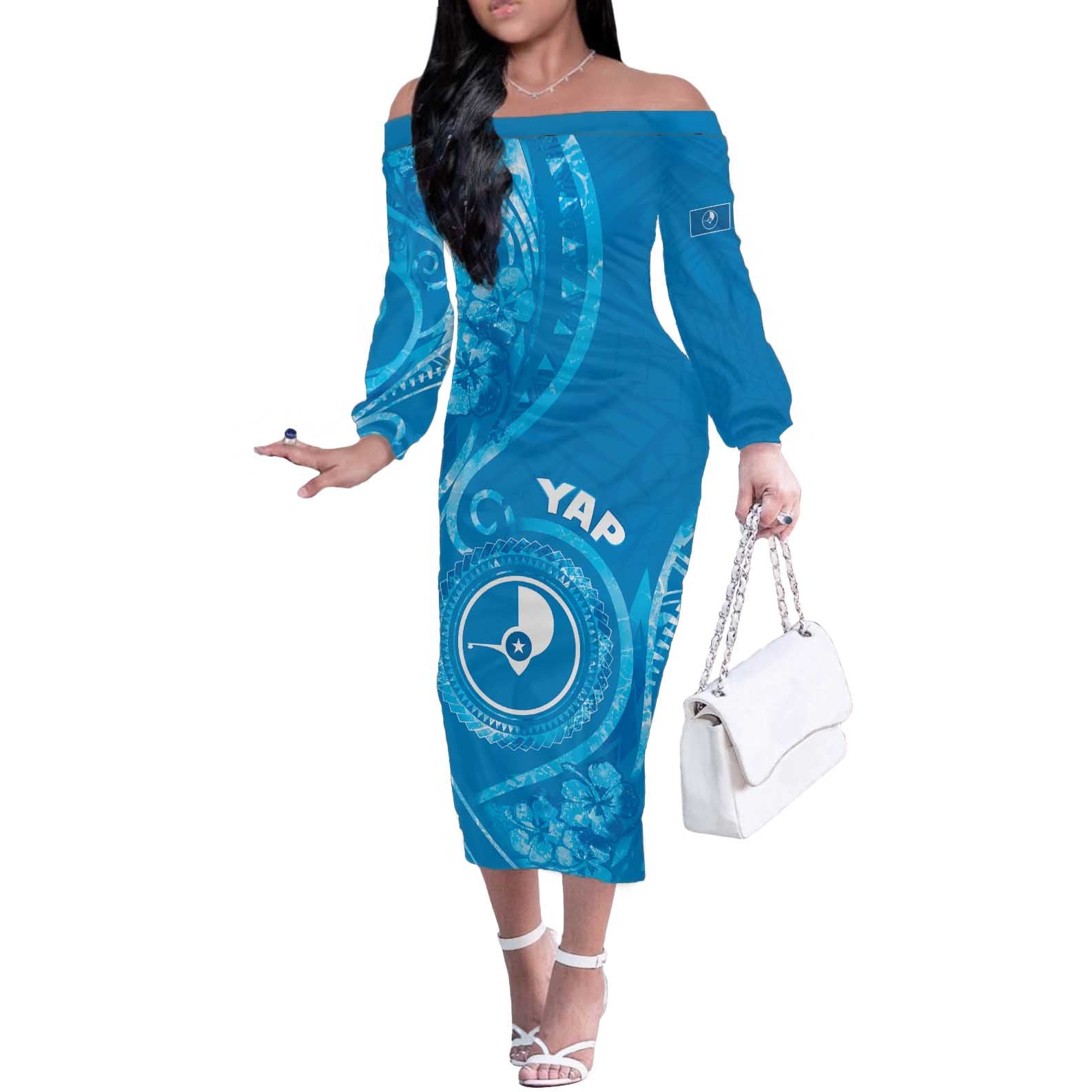 Personalised FSM Yap Off The Shoulder Long Sleeve Dress Ocean Floral Pattern