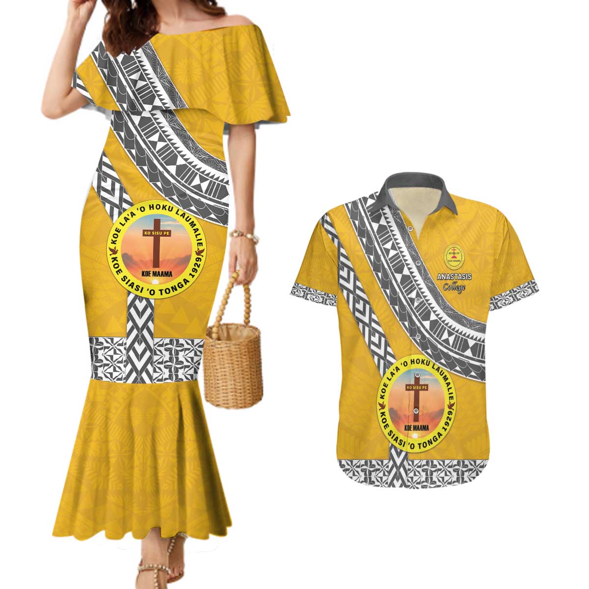 Personalised Anastasis College Couples Matching Mermaid Dress and Hawaiian Shirt Tonga Unique Style - Polynesian Pride