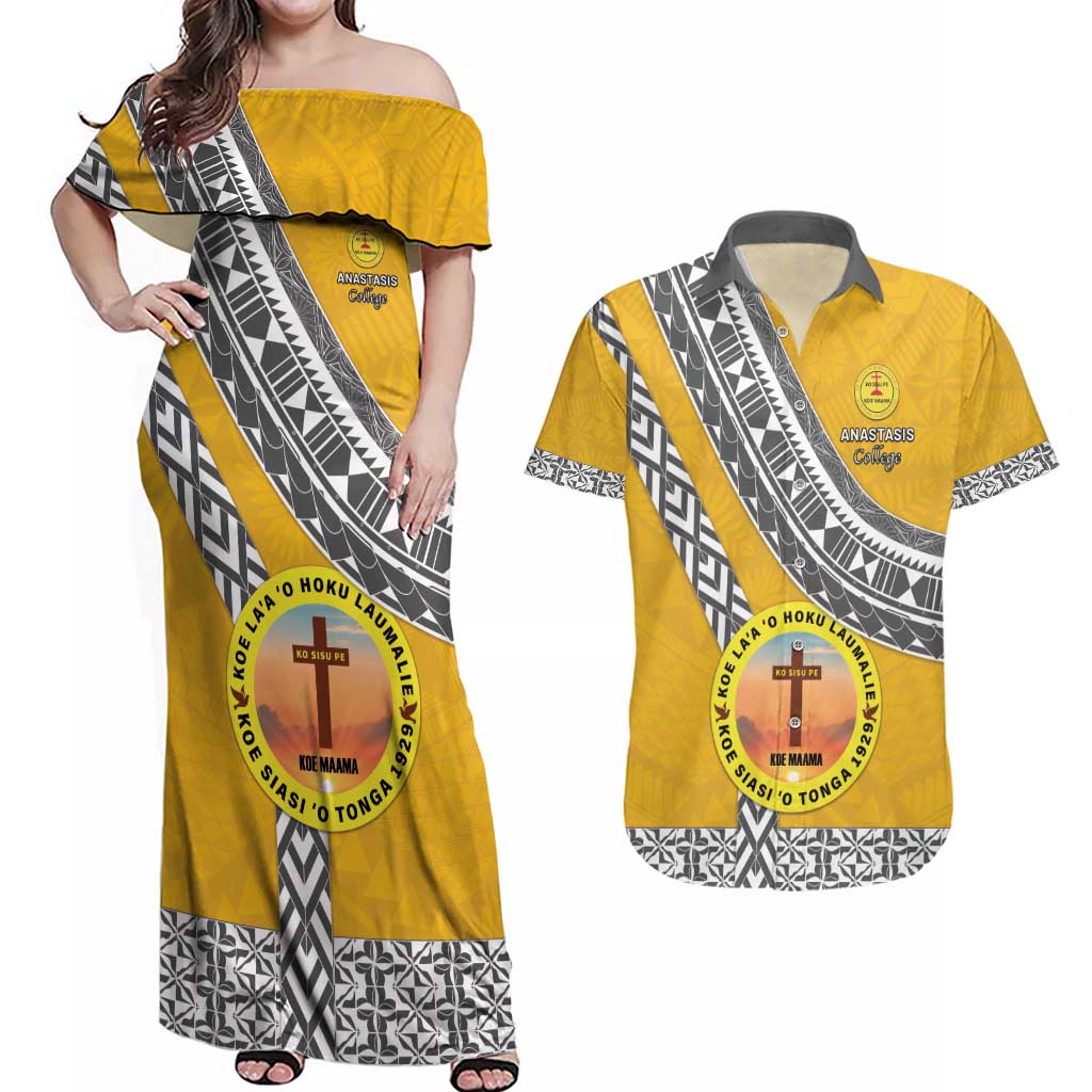Personalised Anastasis College Couples Matching Off Shoulder Maxi Dress and Hawaiian Shirt Tonga Unique Style - Polynesian Pride