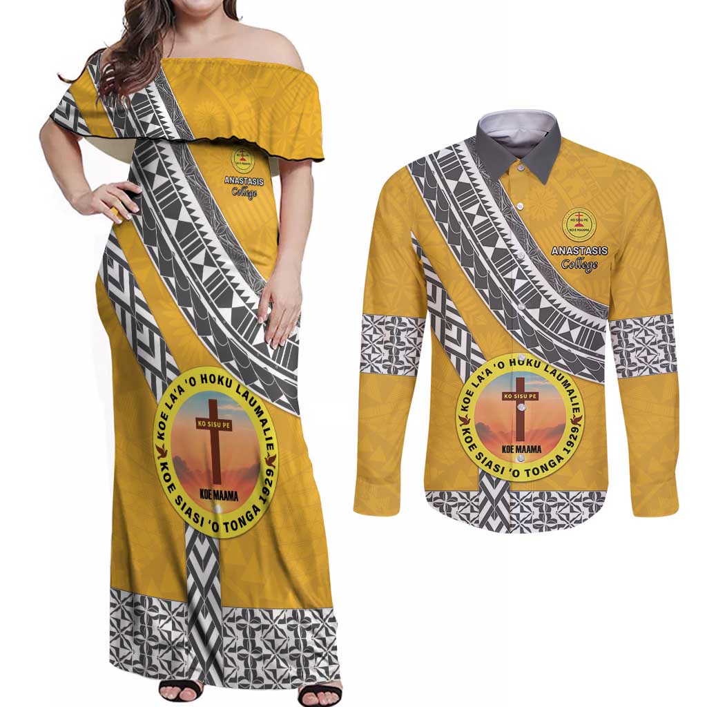 Personalised Anastasis College Couples Matching Off Shoulder Maxi Dress and Long Sleeve Button Shirt Tonga Unique Style - Polynesian Pride