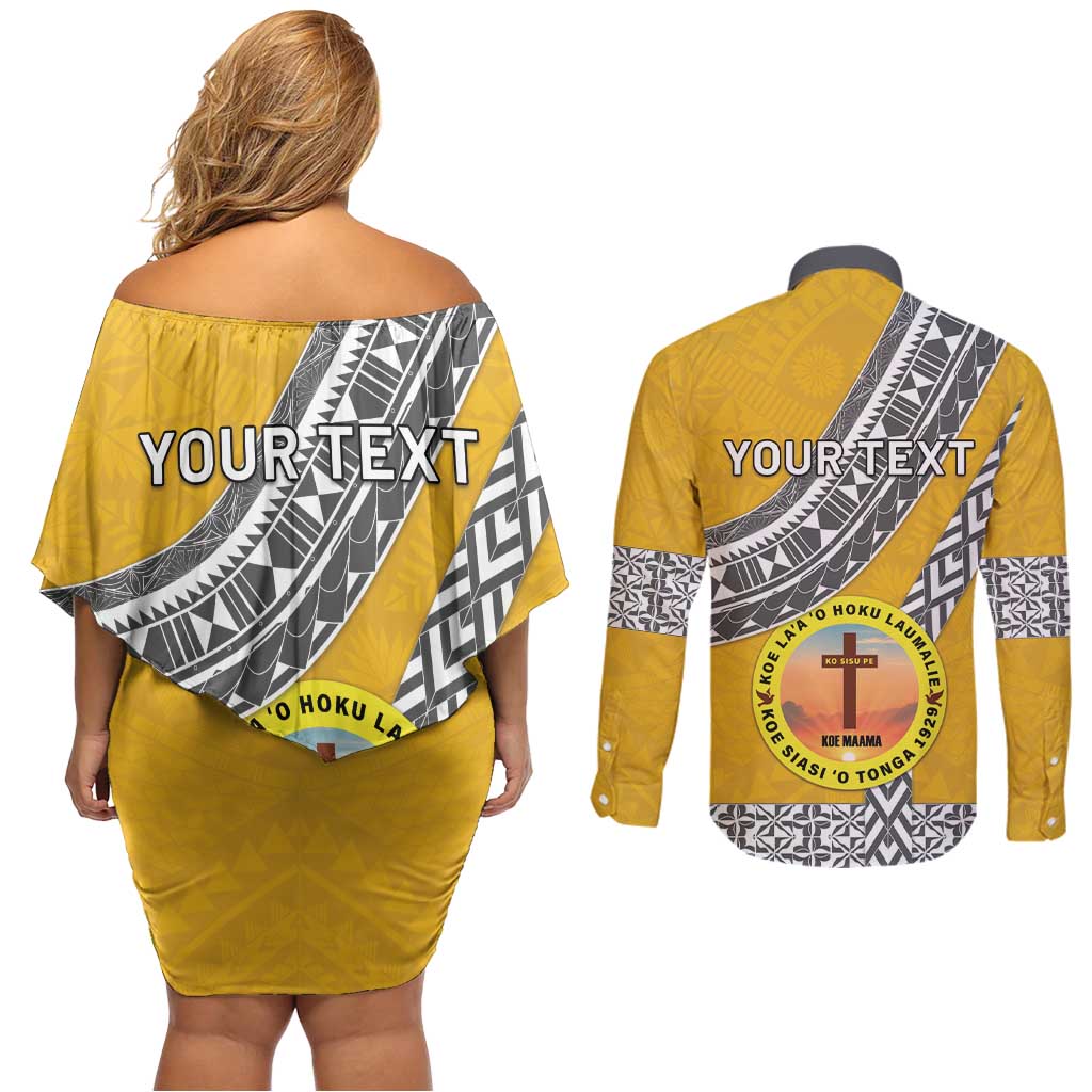 Personalised Anastasis College Couples Matching Off Shoulder Short Dress and Long Sleeve Button Shirt Tonga Unique Style - Polynesian Pride