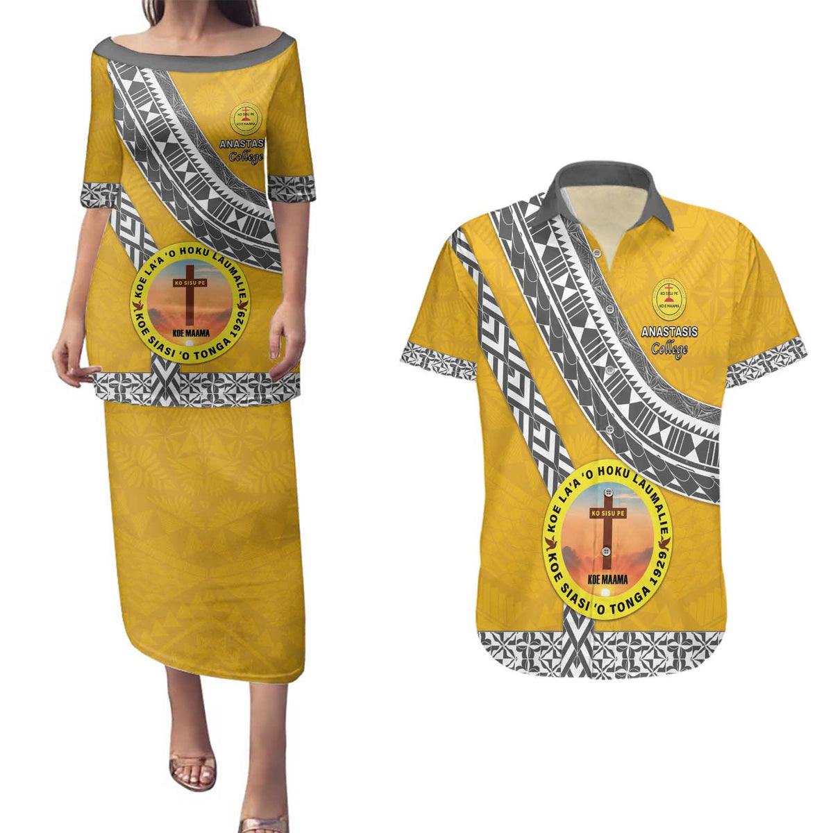 Personalised Anastasis College Couples Matching Puletasi and Hawaiian Shirt Tonga Unique Style - Polynesian Pride