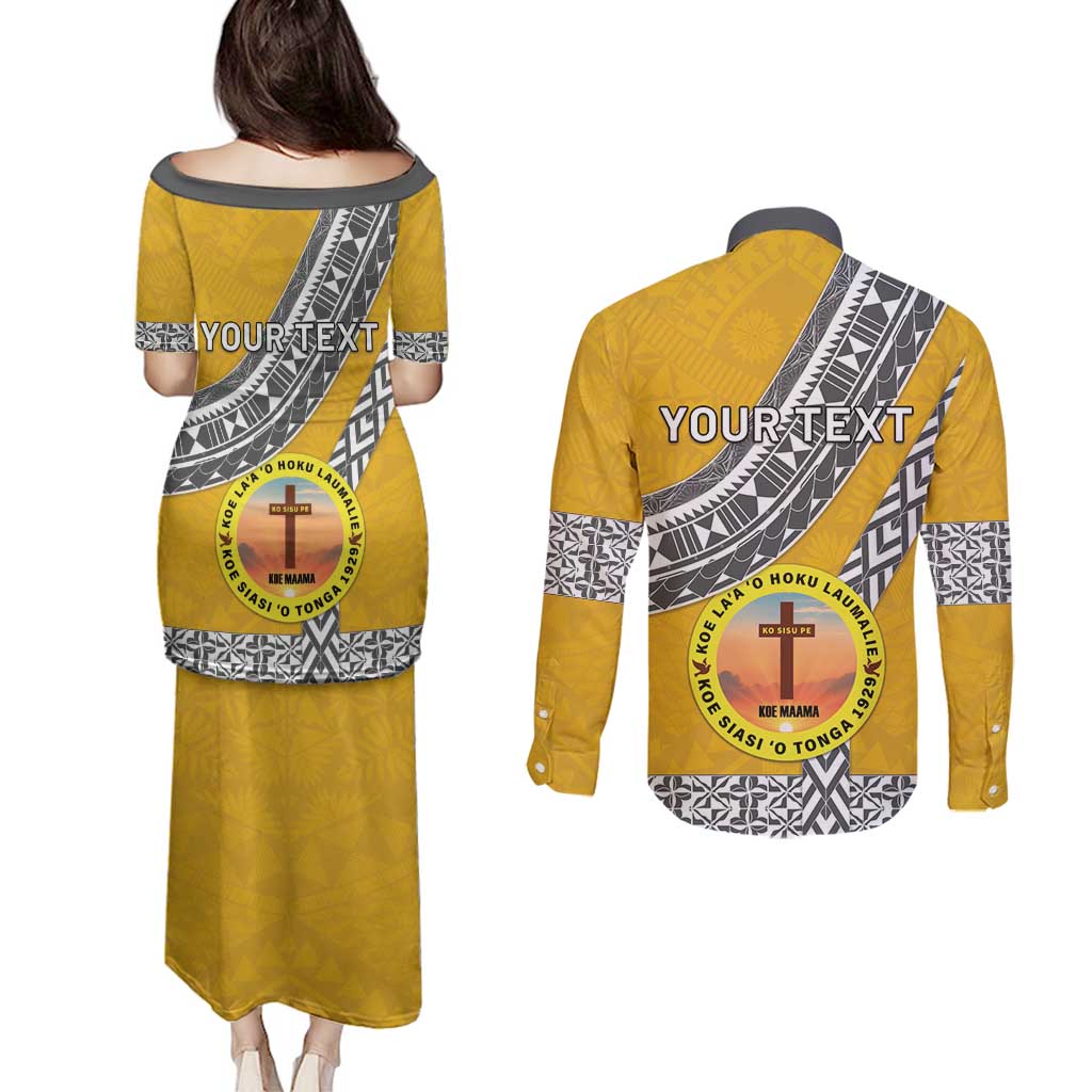 Personalised Anastasis College Couples Matching Puletasi and Long Sleeve Button Shirt Tonga Unique Style - Polynesian Pride