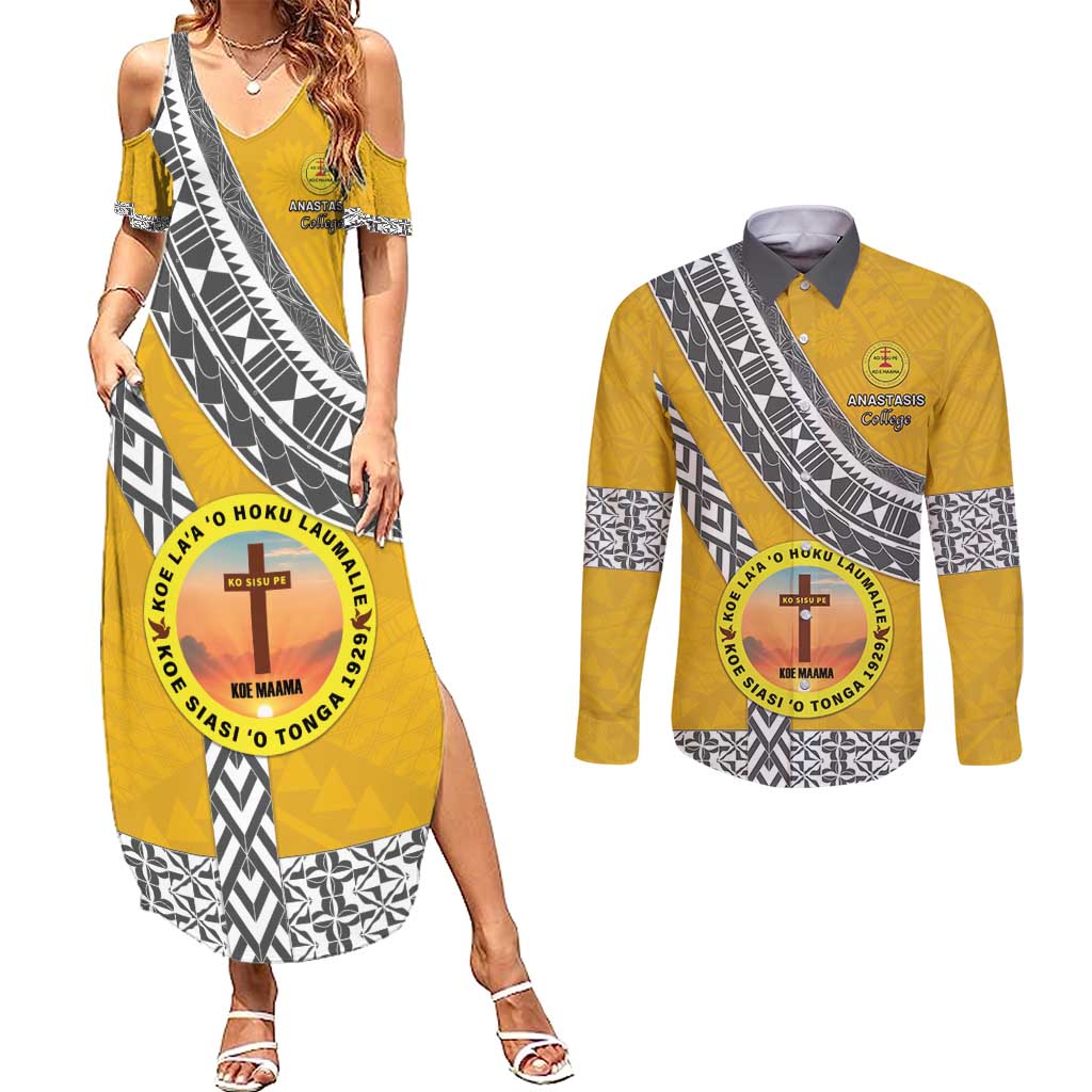 Personalised Anastasis College Couples Matching Summer Maxi Dress and Long Sleeve Button Shirt Tonga Unique Style - Polynesian Pride
