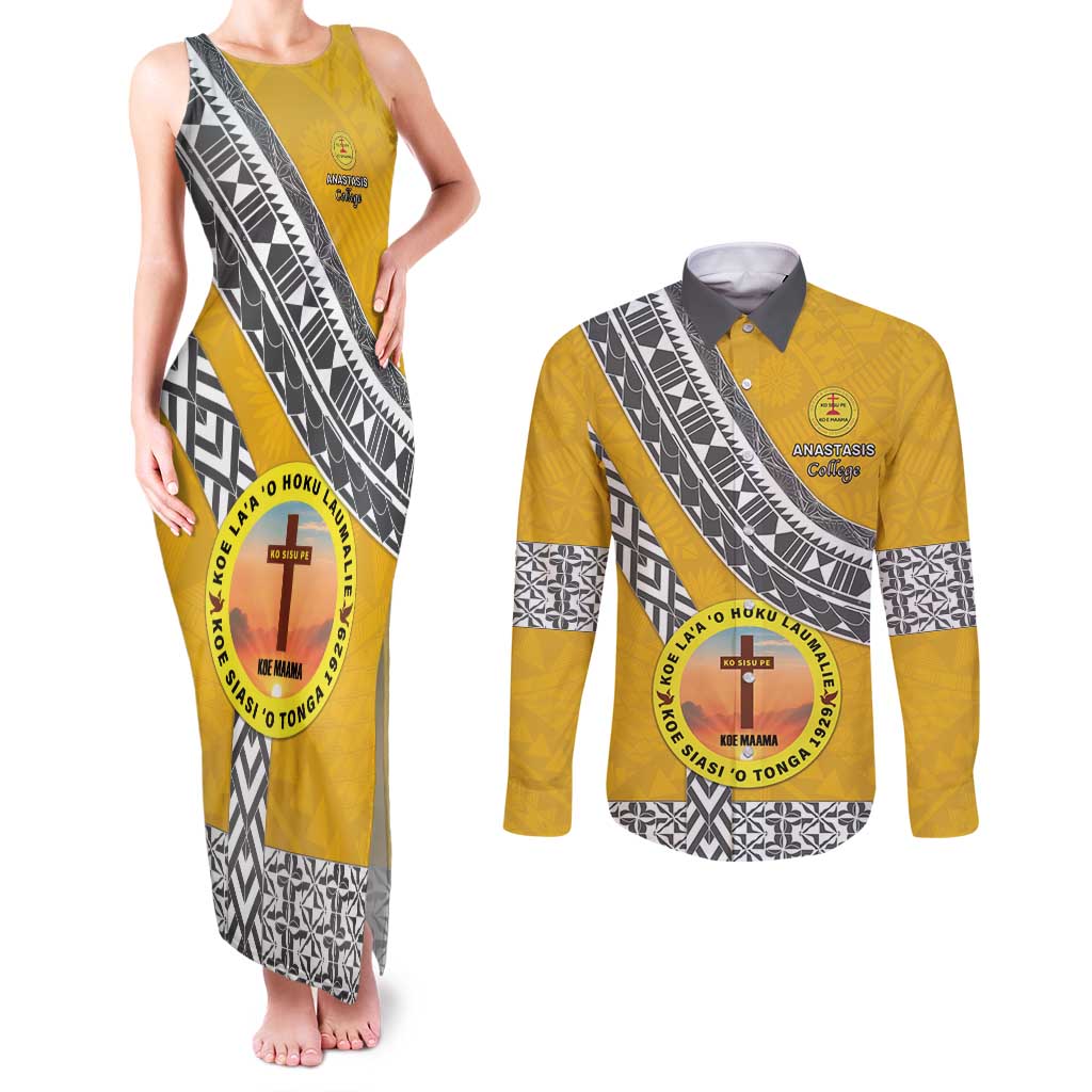 Personalised Anastasis College Couples Matching Tank Maxi Dress and Long Sleeve Button Shirt Tonga Unique Style - Polynesian Pride