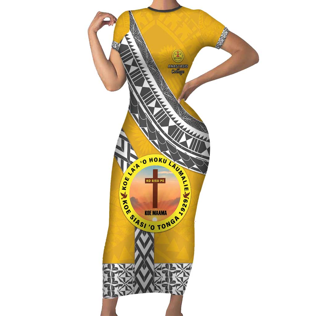 Personalised Anastasis College Short Sleeve Bodycon Dress Tonga Unique Style - Polynesian Pride